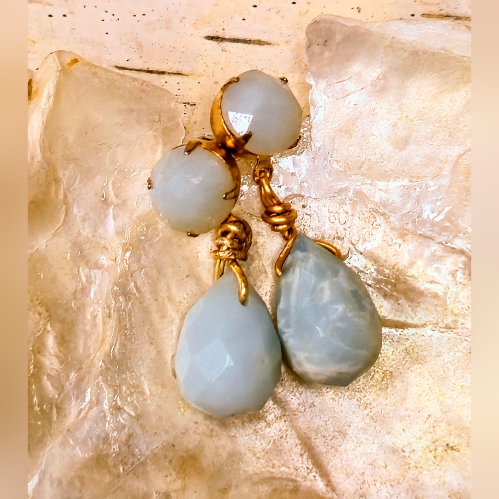 Natural Blue Peruvian Amazonite In Two Settings Gold Plated Mystical Earrings - Picture 2 of 8